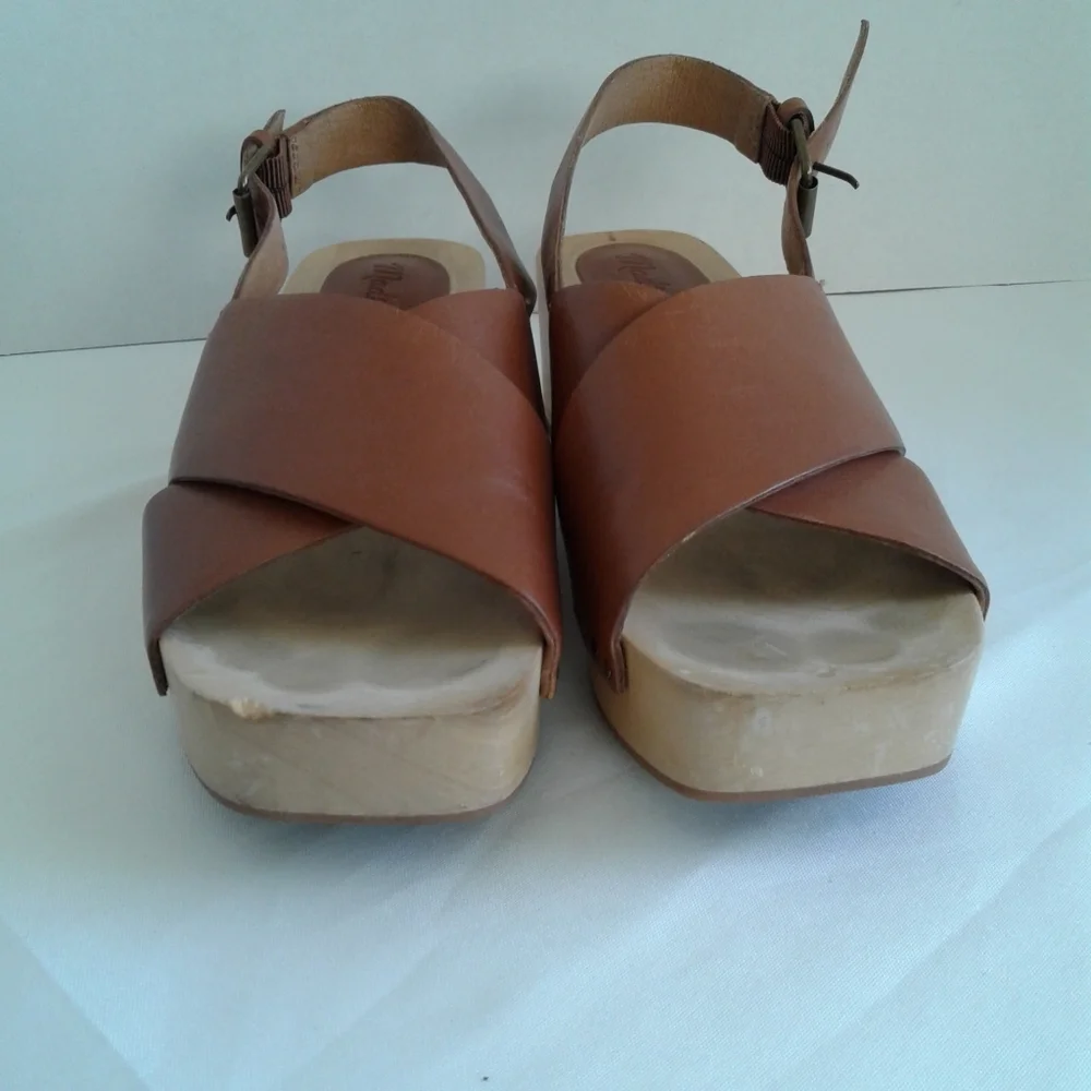 Madewell Brown Leather Wood Platform Slingback Sandals Size 6 MC706